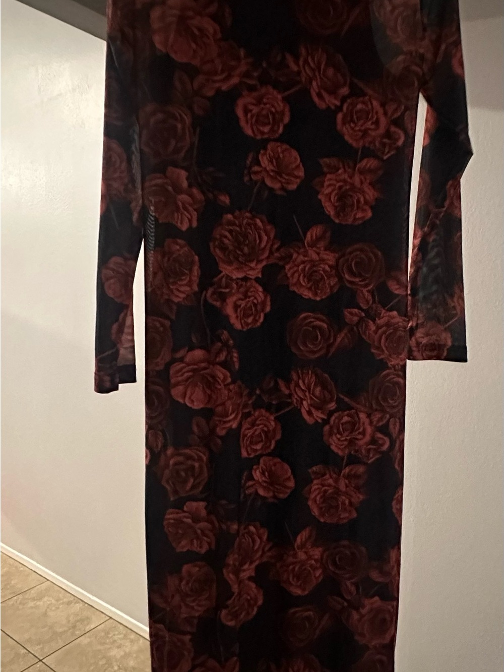 SHEIN Black Long Sleeve Dress with Dark Red Rose Print